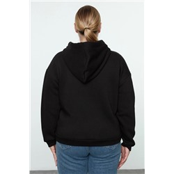 Siyah Kapüşonlu İçi Polarlı Önü Fermuarlı Büyük Beden Örme Sweatshirt