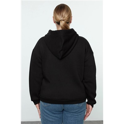 Siyah Kapüşonlu İçi Polarlı Önü Fermuarlı Büyük Beden Örme Sweatshirt