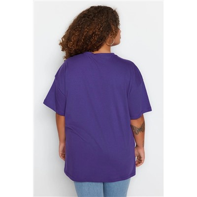 Mor Geniş Kalıp Bisiklet Yaka Baskılı %100 Pamuk Örme T-shirt TBBSS23AH00131