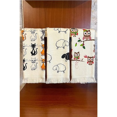 CNR Garden 3'lü Saçaklı Pamuklu 40x60 Cm Baskılı Havlu Seti El Yüz Mutfak Havlusu Yumuşak Desenli Su Emici Set HAVLU-SET-40x60