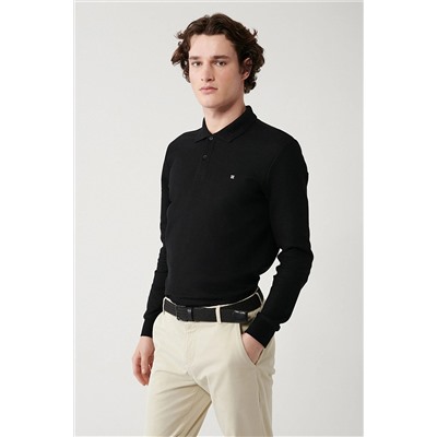 Avva Erkek Siyah Polo Yaka Düz Uzun Kol T-shirt B001080