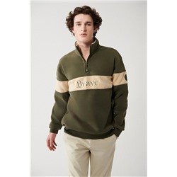 Avva Erkek Haki Dik Yaka Yarım Fermuarlı Parçalı Ve Nakışlı Standart Fit Normal Kesim Polar Sweatshirt A3 A32Y1298