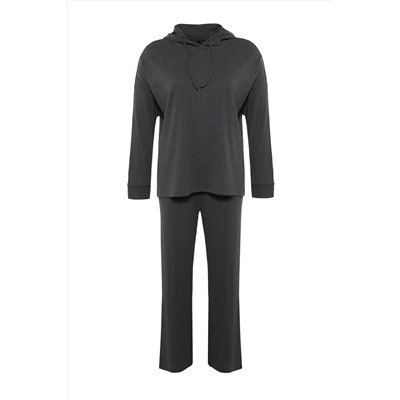 Antrasit Kapüşonlu Yaka Relaxed Fit Örme Kaşkorse Büyük Beden Alt-Üst Takım TBBAW23CP00016