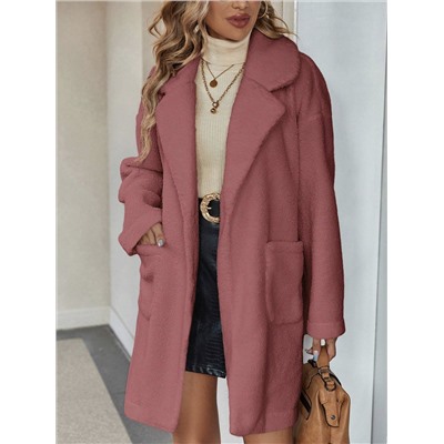 SHEIN LUNE Lapel Neck Dual Pocket Drop Shoulder Teddy Coat