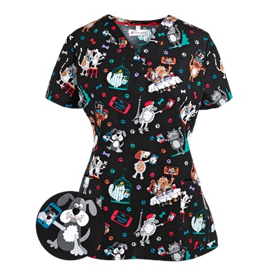 White Cross Scrubs Selfie Pets Print Top