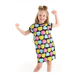 Denokids Kedi Baskılı Kız Çocuk Pamuklu Elbise CFF-22Y2-007