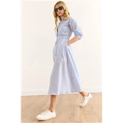 Olalook, Kadın Mavi Beli Lastikli Cepli Maksi Gömlek Elbise ELB-19002398