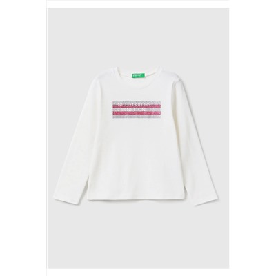 United Colors of BenettonKız Çocuk Krem Slogan Baskılı T-Shirt Krem