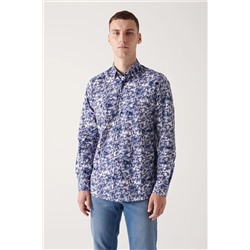 Avva Erkek Lacivert Soyut Desenli %100 Pamuk Slim Fit Dar Kesim Gömlek A22y2013 A22Y2013