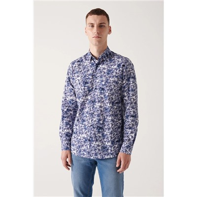 Avva Erkek Lacivert Soyut Desenli %100 Pamuk Slim Fit Dar Kesim Gömlek A22y2013 A22Y2013