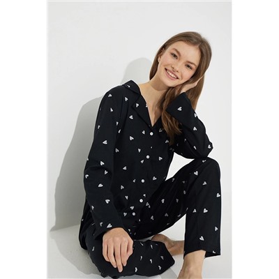 Siyah İnci Siyah Beyaz Kalp Desenli Pamuklu Düğmeli Pijama Takımı 7611