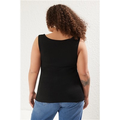 Siyah Degaje Yaka Örme Büyük Beden Bluz TBBSS25AF00034