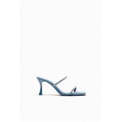 DENIM HIGH-HEEL SANDALS WITH RHINESTONES