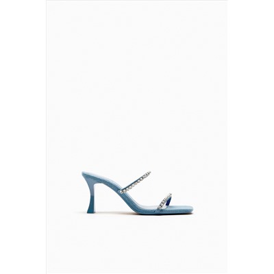 DENIM HIGH-HEEL SANDALS WITH RHINESTONES
