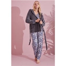 pijamacity 3'lü SET | Kışlık Kadın Gri Sabahlık Takımı 3lü-usoft-24