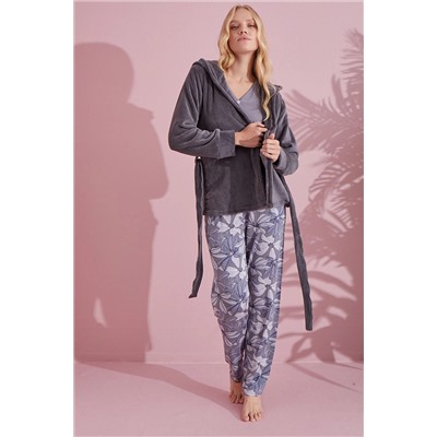 pijamacity 3'lü SET | Kışlık Kadın Gri Sabahlık Takımı 3lü-usoft-24