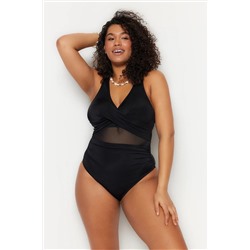 Trendyol Curve Siyah Belde Cut Out Mesh/Tül Detaylı Büyük Beden Mayo TBBSS23AM00037