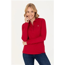 Kadın Kırmızı Basic Polo Yaka Sweatshirt