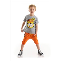 Denokids Yo Kaplan Erkek Çocuk Gri T-shirt Turuncu Kapri Şort Takım CFF-22Y1-045