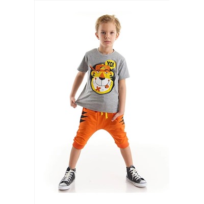 Denokids Yo Kaplan Erkek Çocuk Gri T-shirt Turuncu Kapri Şort Takım CFF-22Y1-045