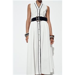 CONTRAST TRIM POPLIN MIDI DRESS
