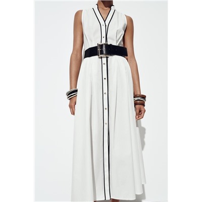 CONTRAST TRIM POPLIN MIDI DRESS