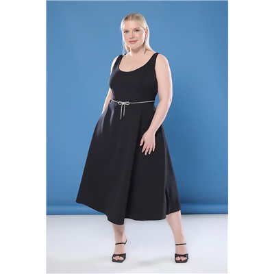 Trendyol Curve Siyah Kolsuz Midi A-Line Taşlı Fiyonk Kemerli Dokuma Büyük Beden Elbise TBBSS25AH00143