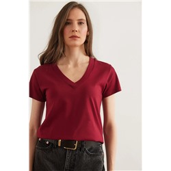 Olalook, Kadın Bordo V Yaka Flamlı Tişört TSH-19000396