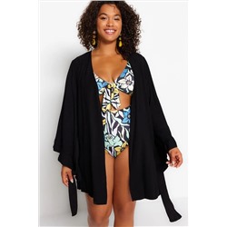 Siyah Kolu Fırfırlı Volanlı Viskon Plaj Giyim Dokuma Büyük Beden Kimono&Kaftan TBBSS23DE00001