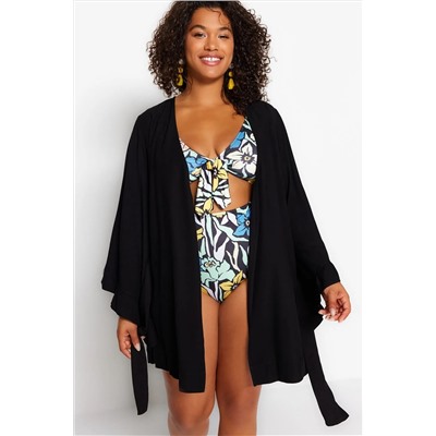 Siyah Kolu Fırfırlı Volanlı Viskon Plaj Giyim Dokuma Büyük Beden Kimono&Kaftan TBBSS23DE00001