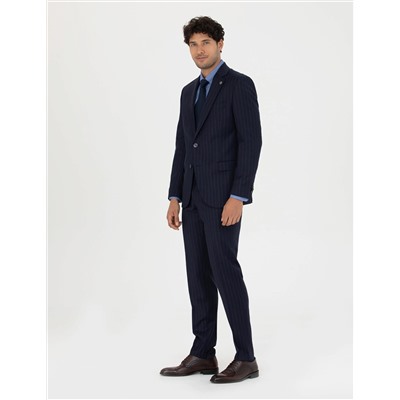 %100 Yün Lacivert Çizgili Ekstra Slim Fit Takım Elbise