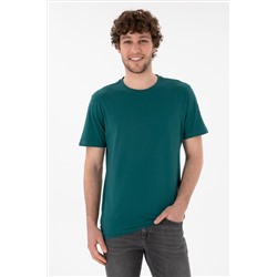 Erkek Regular Fit Bisiklet Yaka Koyu Yeşil Basic Tişört