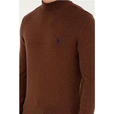 Erkek Slim Fit Yarım Boğazlı Kahverengi Basic Kazak