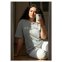 Gri Melanj Baskılı Oversize %100 Pamuk Örme T-shirt TBBSS24BF00020