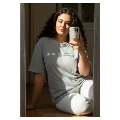 Gri Melanj Baskılı Oversize %100 Pamuk Örme T-shirt TBBSS24BF00020