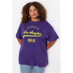 Mor Geniş Kalıp Bisiklet Yaka Baskılı %100 Pamuk Örme T-shirt TBBSS23AH00131
