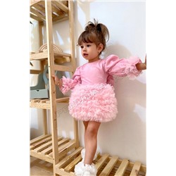penu baby kids Pembe Altı Tütülü Uzun Kol Kız Bebek Elbise