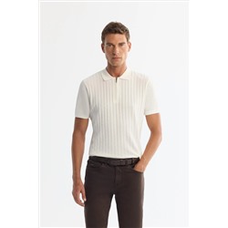 Ekru Polo Yaka Fermuarlı Rayon Triko T-Shirt