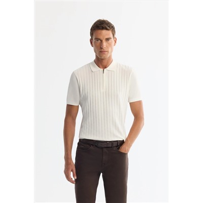 Ekru Polo Yaka Fermuarlı Rayon Triko T-Shirt