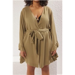 Haki Kolu Fırfırlı Volanlı Viskon Plaj Giyim Dokuma Büyük Beden Kimono&Kaftan TBBSS23DE00001