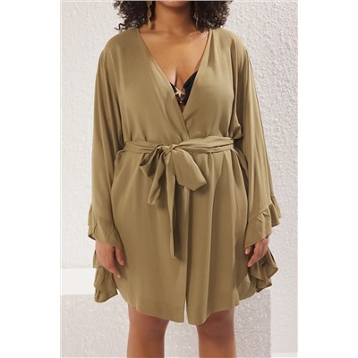 Haki Kolu Fırfırlı Volanlı Viskon Plaj Giyim Dokuma Büyük Beden Kimono&Kaftan TBBSS23DE00001