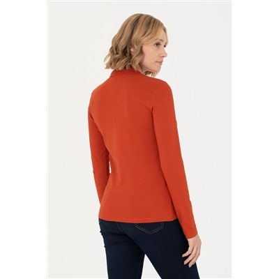 Kadın Kiremit Basic Polo Yaka Sweatshirt