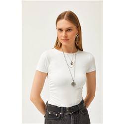 Olalook Kadın Ekru Yanı Büzgülü Yumuşak Tuşeli Crop Tişört TSH-19000801