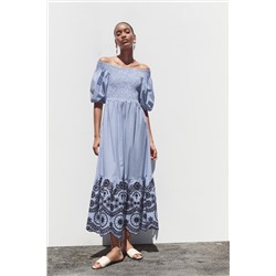 STRIPED EMBROIDERED MIDI DRESS
