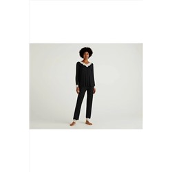 United Colors of Benetton Benetton Kadın Siyah Dantelli V Yakalı Viskon Pijama Üst 622A3Z123M856-100