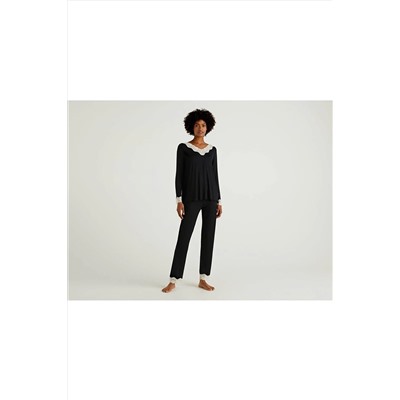 United Colors of Benetton Benetton Kadın Siyah Dantelli V Yakalı Viskon Pijama Üst 622A3Z123M856-100
