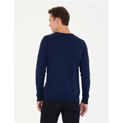 Açık Lacivert Slim Fit Bisiklet Yaka Basic Triko Kazak