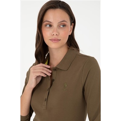 Kadın Haki Basic Polo Yaka Sweatshirt