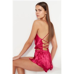 TRENDYOLMİLLA Fuşya Fırfır ve Sırt Detaylı Saten Atlet-Şort Dokuma Pijama Takımı THMSS23PT00048