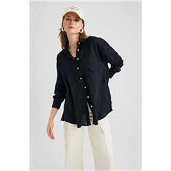 Defacto Oversize Fit Gömlek Yaka Keten Görünümlü Uzun Kollu Gömlek X2232AZ22SM